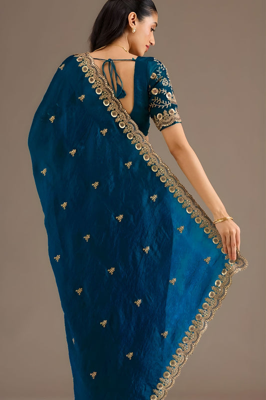 Teal Blue Silk Saree with Heavy Embroidered Border Designer Blouse