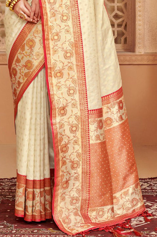 Elegant Cream Banarasi Silk Saree Festive Wear