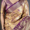 Golden Beige Purple Kanjivaram Silk Saree Traditional Banarasi Zari Wedding Saree