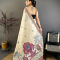 Off White Linen Cotton Saree Handcrafted Elephant Print Pallu