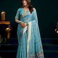  Sky Blue Soft Silk Saree with Floral Embroidery Gold Zari Border
