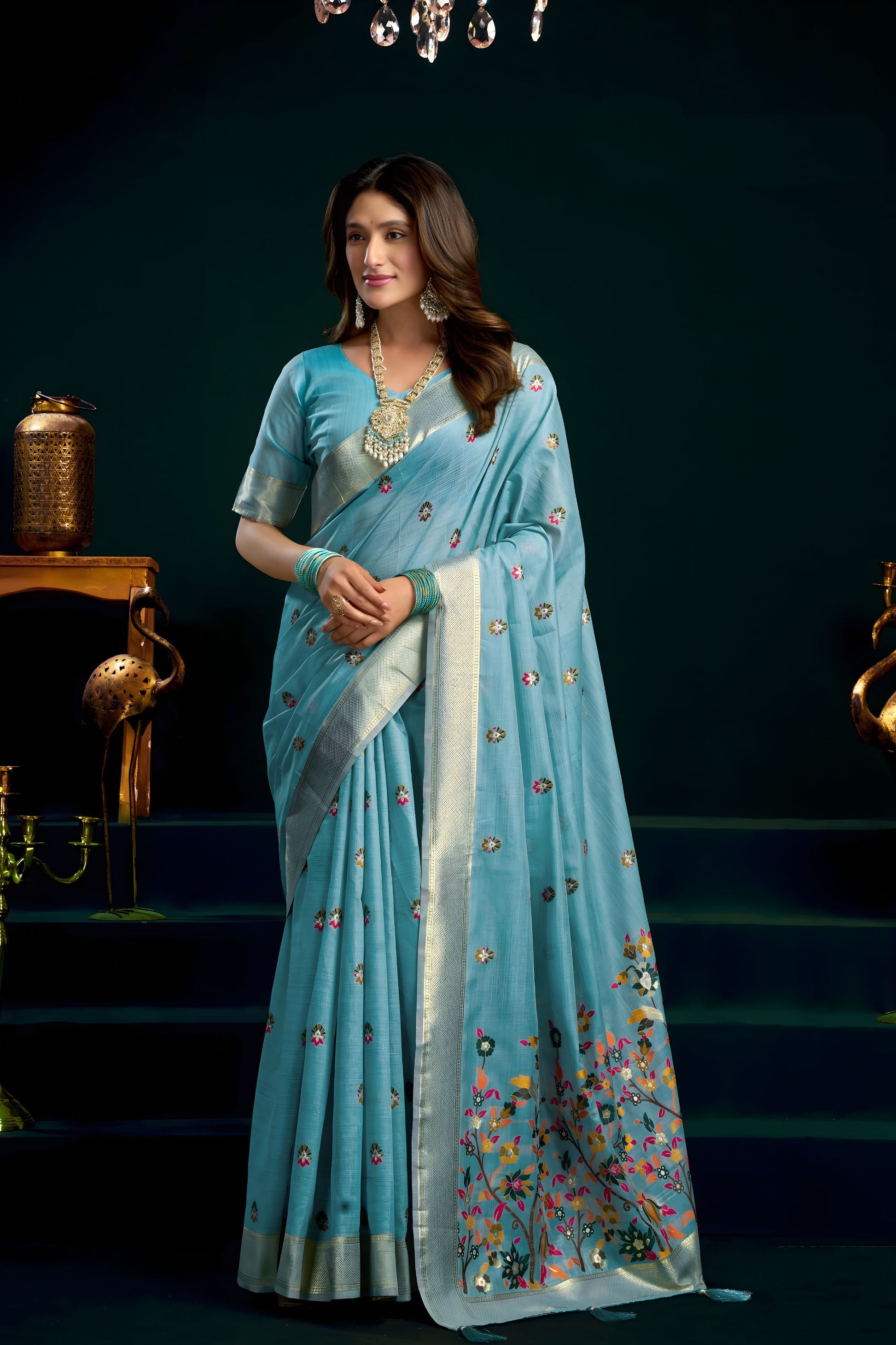  Sky Blue Soft Silk Saree with Floral Embroidery Gold Zari Border