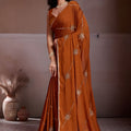 Rust Brown Embroidered Chiffon Saree with Zari Work Party Wear 