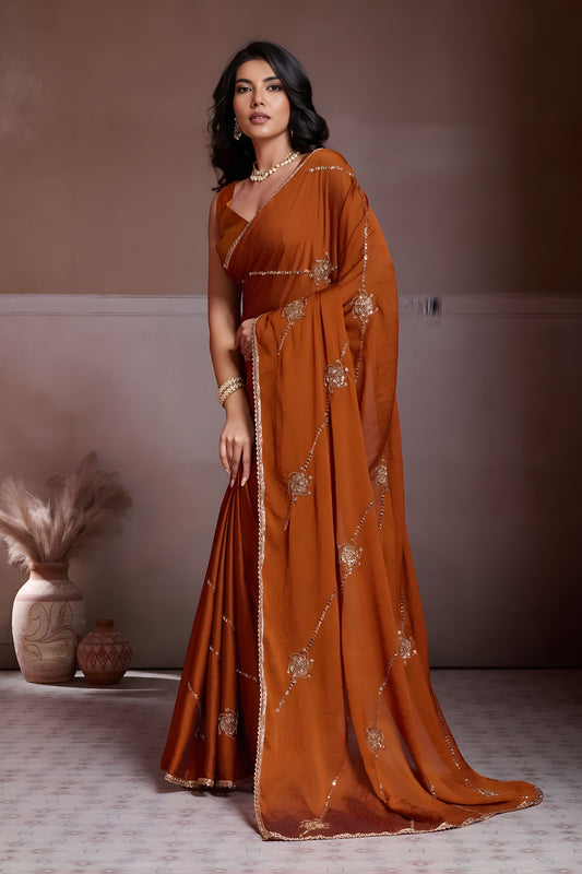 Rust Brown Embroidered Chiffon Saree with Zari Work Party Wear 