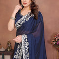 Navy Blue Satin Silk Saree Heavy Floral Embroidered Border Designer Blouse