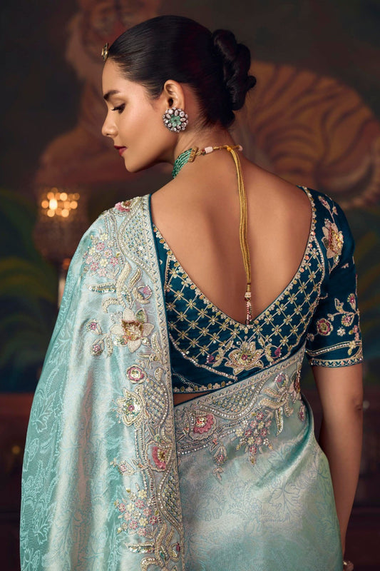 Sky Blue Silk Saree with Heavy Embroidered Border Designer Blouse