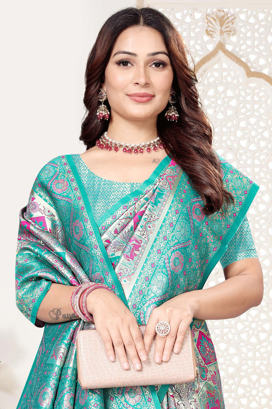 Sea Green Banarasi Silk Saree with Pink Woven Zari Design