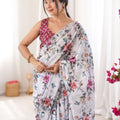 Elegant White Floral Printed Linen Saree with Designer Lace Border