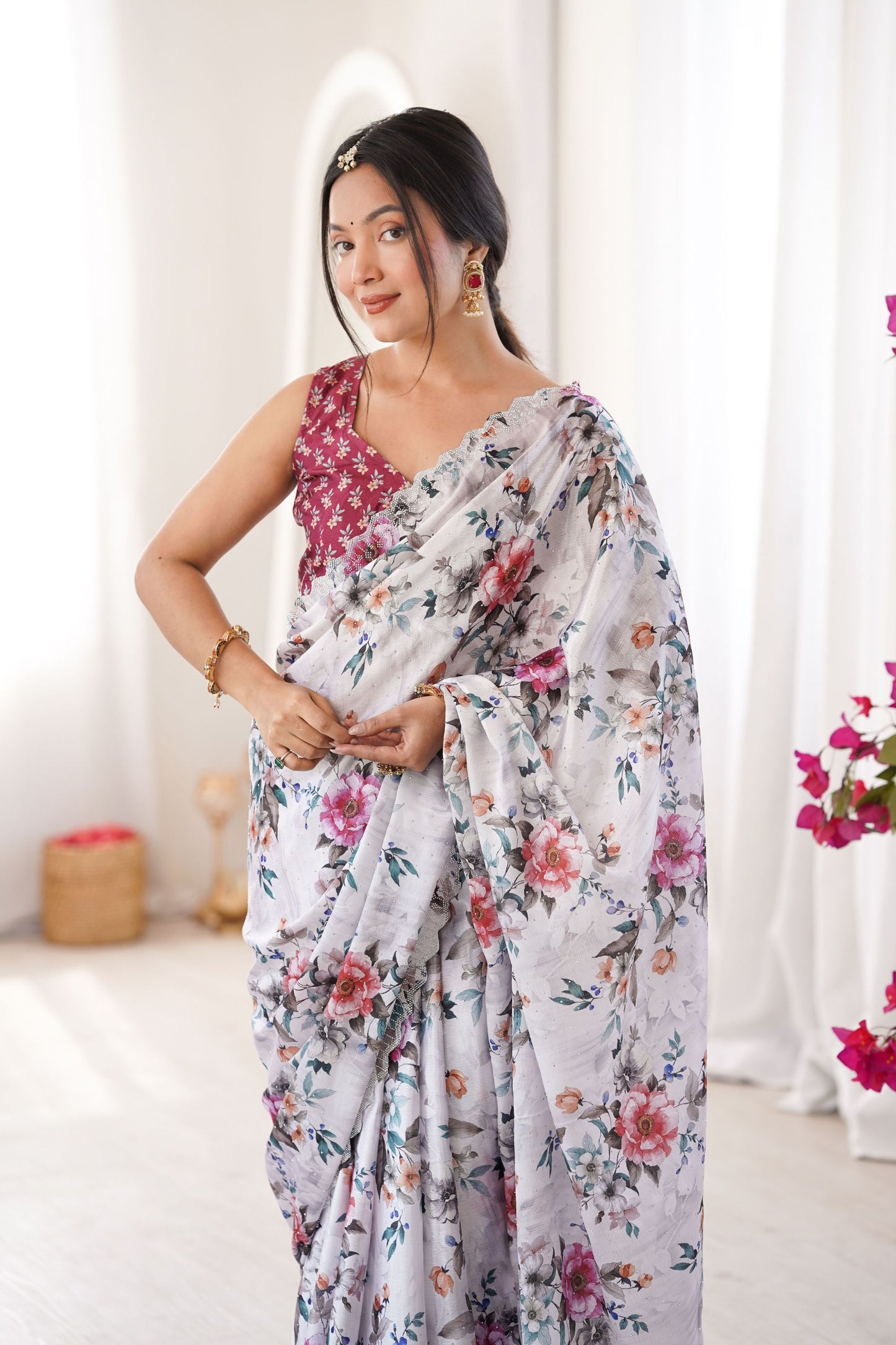 Elegant White Floral Printed Linen Saree with Designer Lace Border