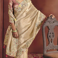 Cream Gold Silk Bridal Saree with Heavy Zari Embroidery Designer Blouse