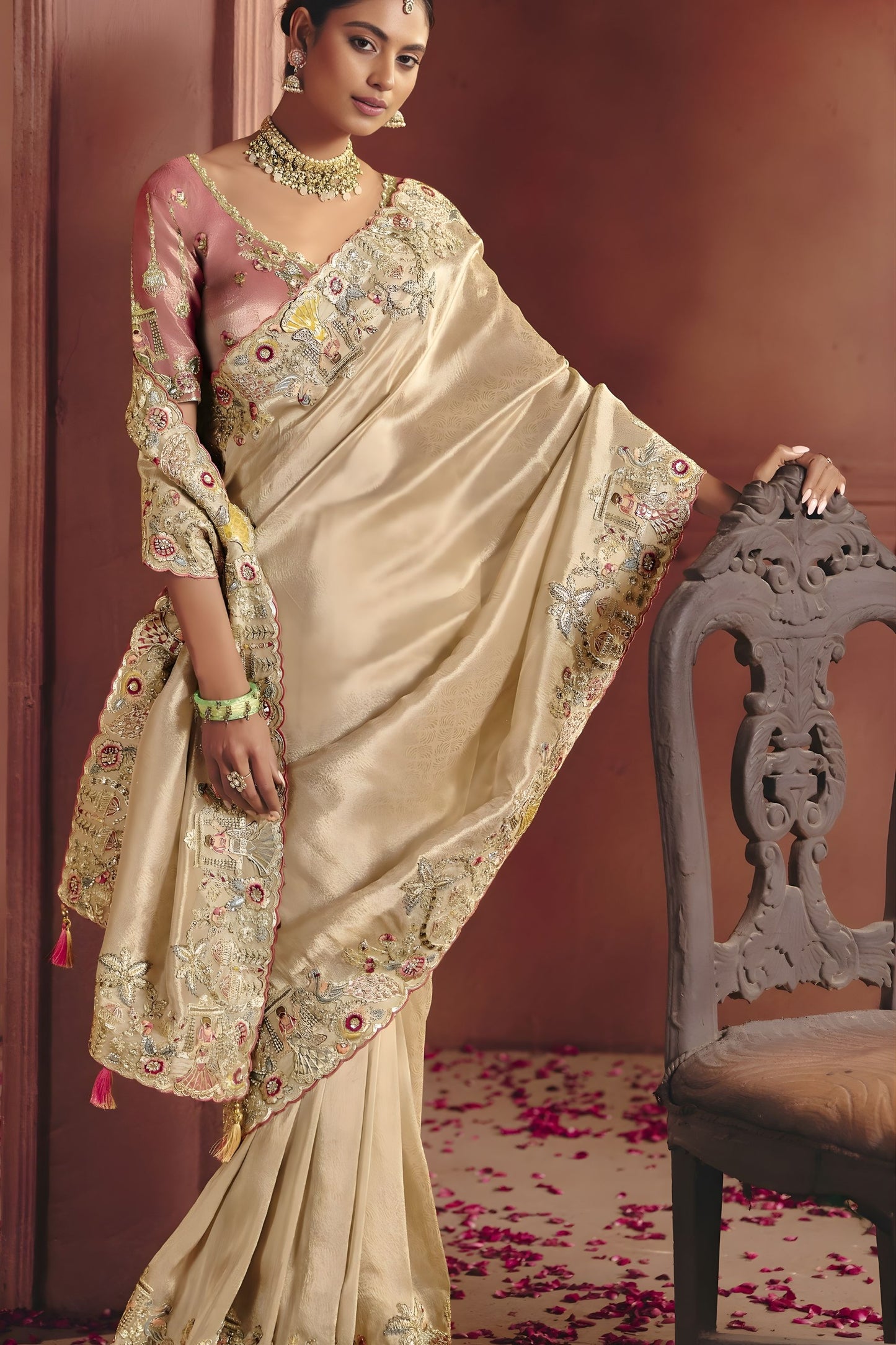 Cream Gold Silk Bridal Saree with Heavy Zari Embroidery Designer Blouse