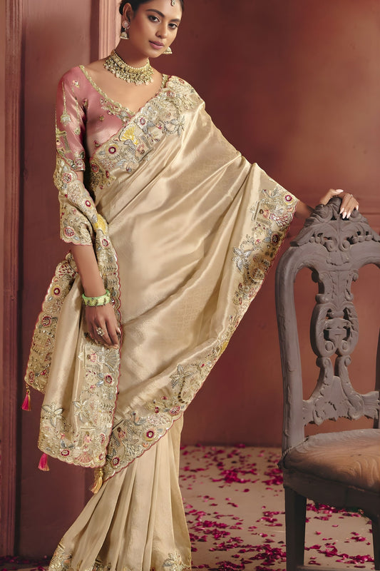 Cream Gold Silk Bridal Saree with Heavy Zari Embroidery Designer Blouse