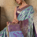 Sky Blue Banarasi Silk Saree Purple Zari Border Floral Weaving Saree