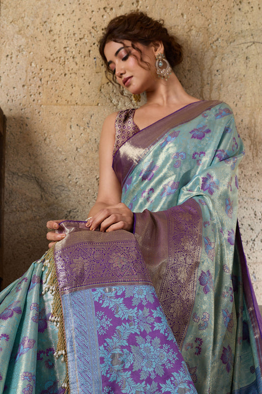 Sky Blue Banarasi Silk Saree Purple Zari Border Floral Weaving Saree