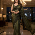 Olive Green Georgette Saree with Embroidered Border Designer Pallu 