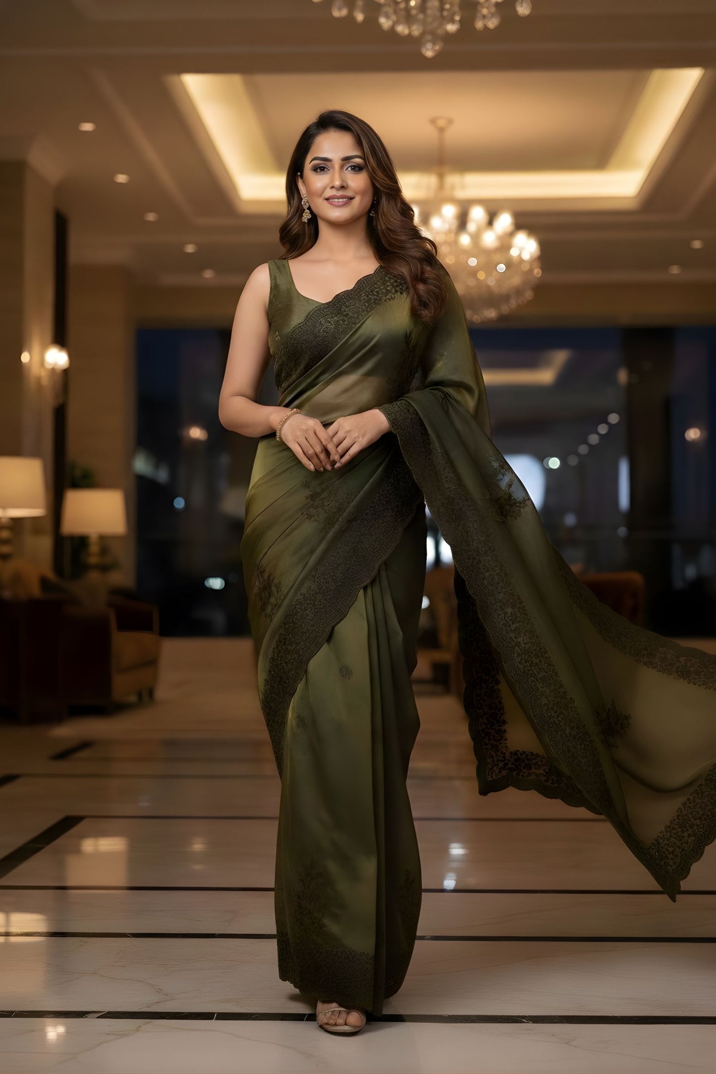 Olive Green Georgette Saree with Embroidered Border Designer Pallu 