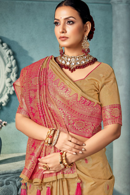 Gold Banarasi Silk Saree with Rich Red Zari Border Tassel Pallu