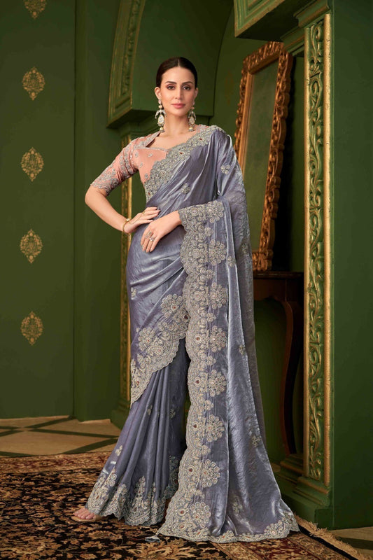  Grey Silk Saree Peach Blouse Perfect Parties Festive Occasions