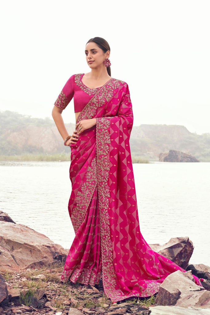 Rani Pink Heavy Embroidered Silk Designer Saree with Rich Border Blouse