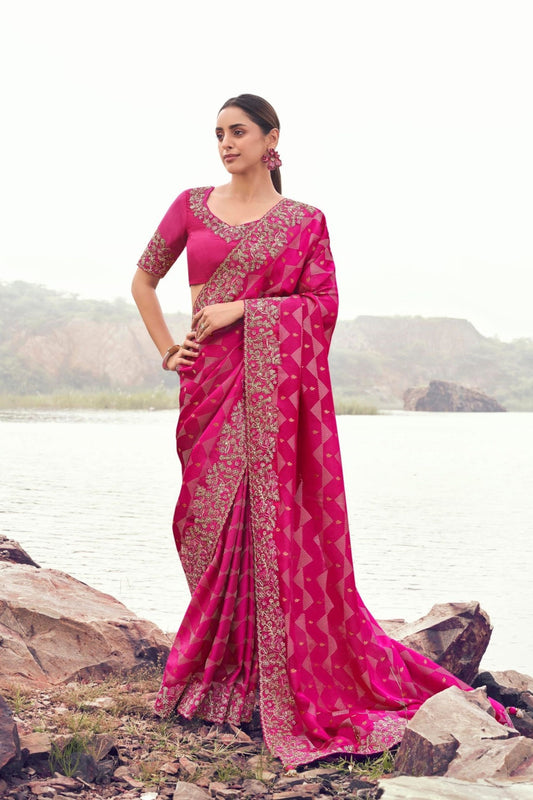Rani Pink Heavy Embroidered Silk Designer Saree with Rich Border Blouse