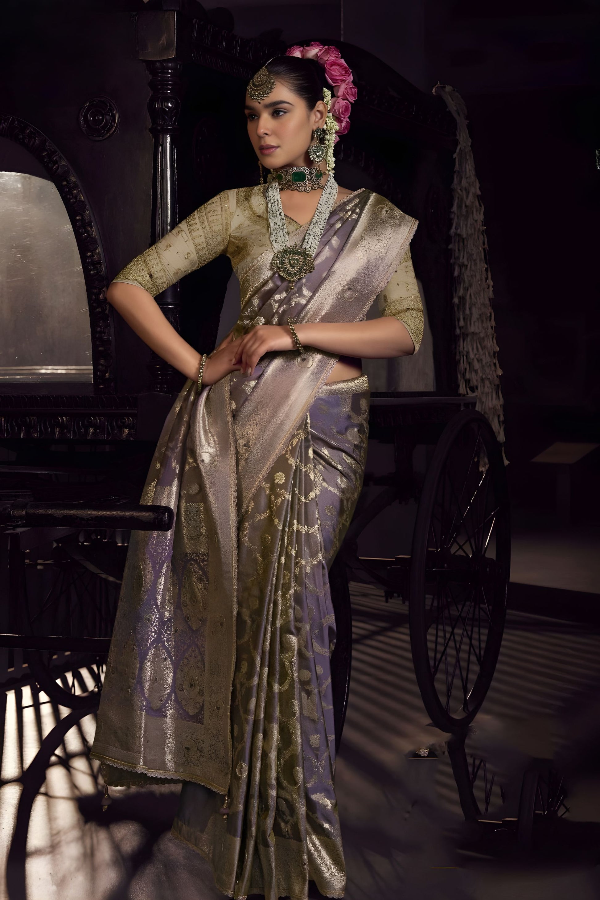  Lavender Grey Banarasi Silk Saree Rich Gold Zari Weaving Traditional Border 