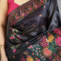 Premium Black Satin Silk Saree Multicolor Floral Print Designer Border
