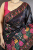 Premium Black Satin Silk Saree Multicolor Floral Print Designer Border