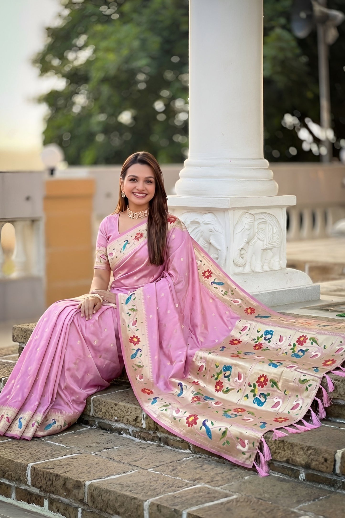 Pink Floral Woven Linen Silk Saree with Designer Border