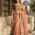 Rose Gold Tissue Silk Saree with Embroidered Border and Designer Blouse