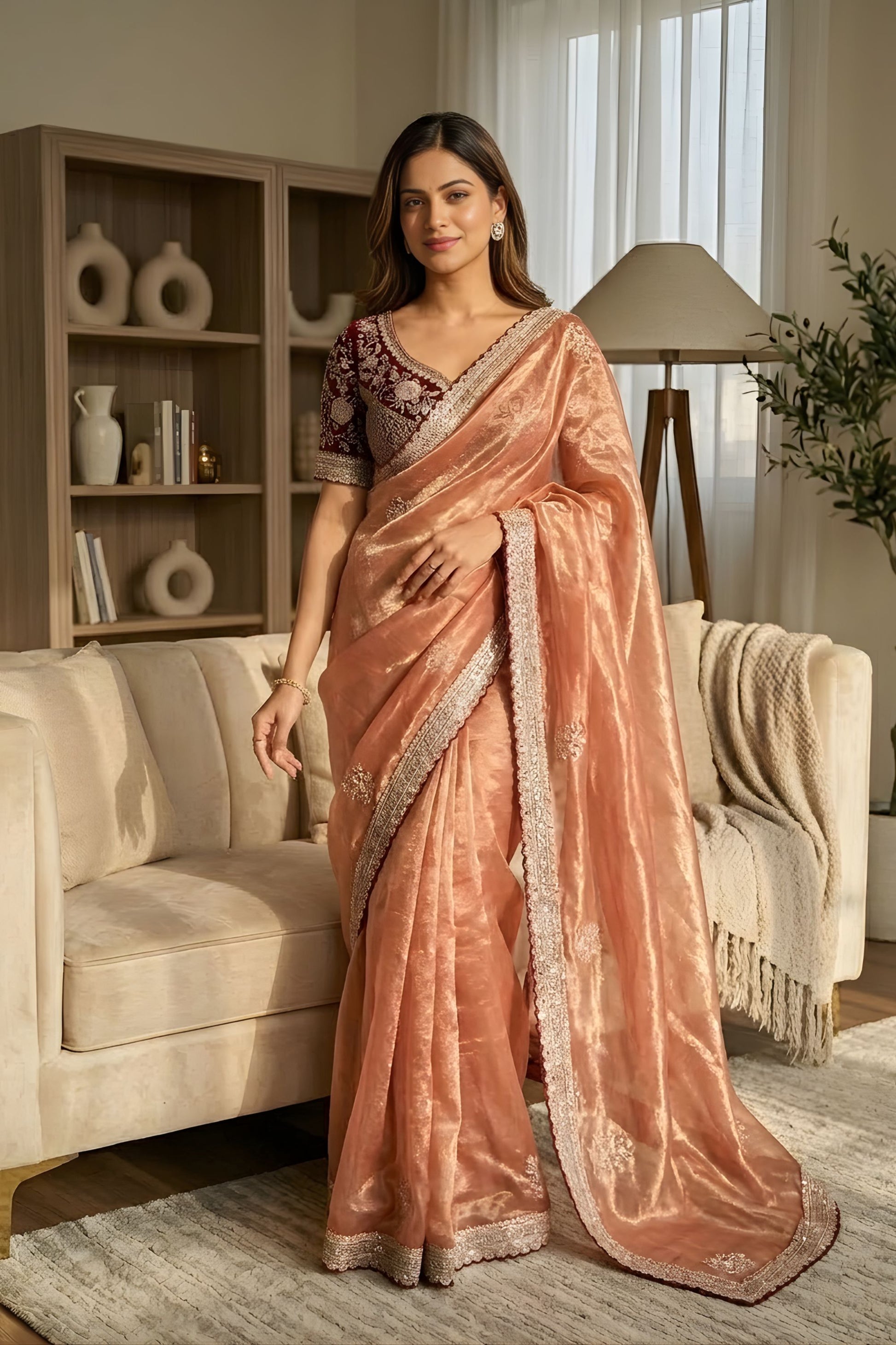 Rose Gold Tissue Silk Saree with Embroidered Border and Designer Blouse