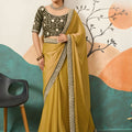 Mustard Silk Saree with Embroidered Lace Border Designer Green Blouse