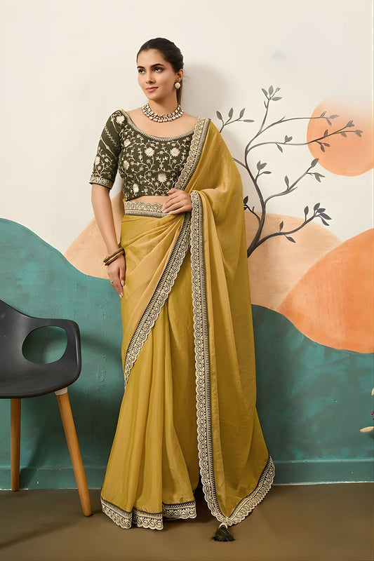 Mustard Silk Saree with Embroidered Lace Border Designer Green Blouse