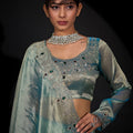 Sea Green Shimmer Silk Saree with Heavy Stone Zari Embroidered Border