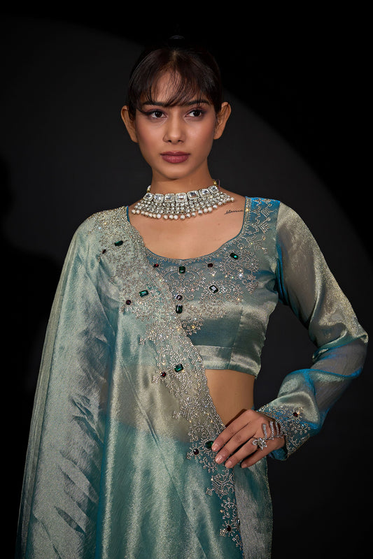 Sea Green Shimmer Silk Saree with Heavy Stone Zari Embroidered Border