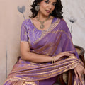 Lavender Purple Silk Saree Golden Zari Embroidery Matching Blouse