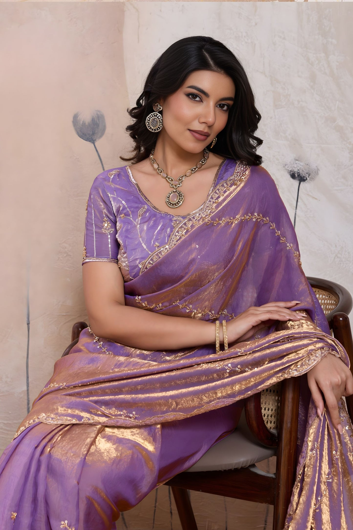 Lavender Purple Silk Saree Golden Zari Embroidery Matching Blouse