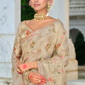 Designer Beige Embroidered Silk Saree with Floral Zari Work