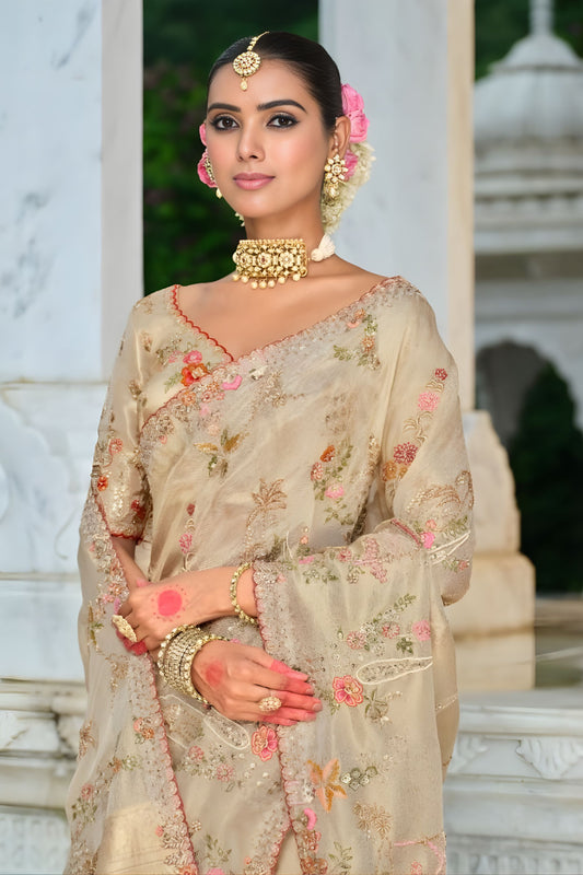 Designer Beige Embroidered Silk Saree with Floral Zari Work
