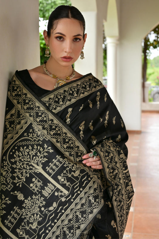 Black Cotton Silk Saree Traditional Woven Design and Rich Border