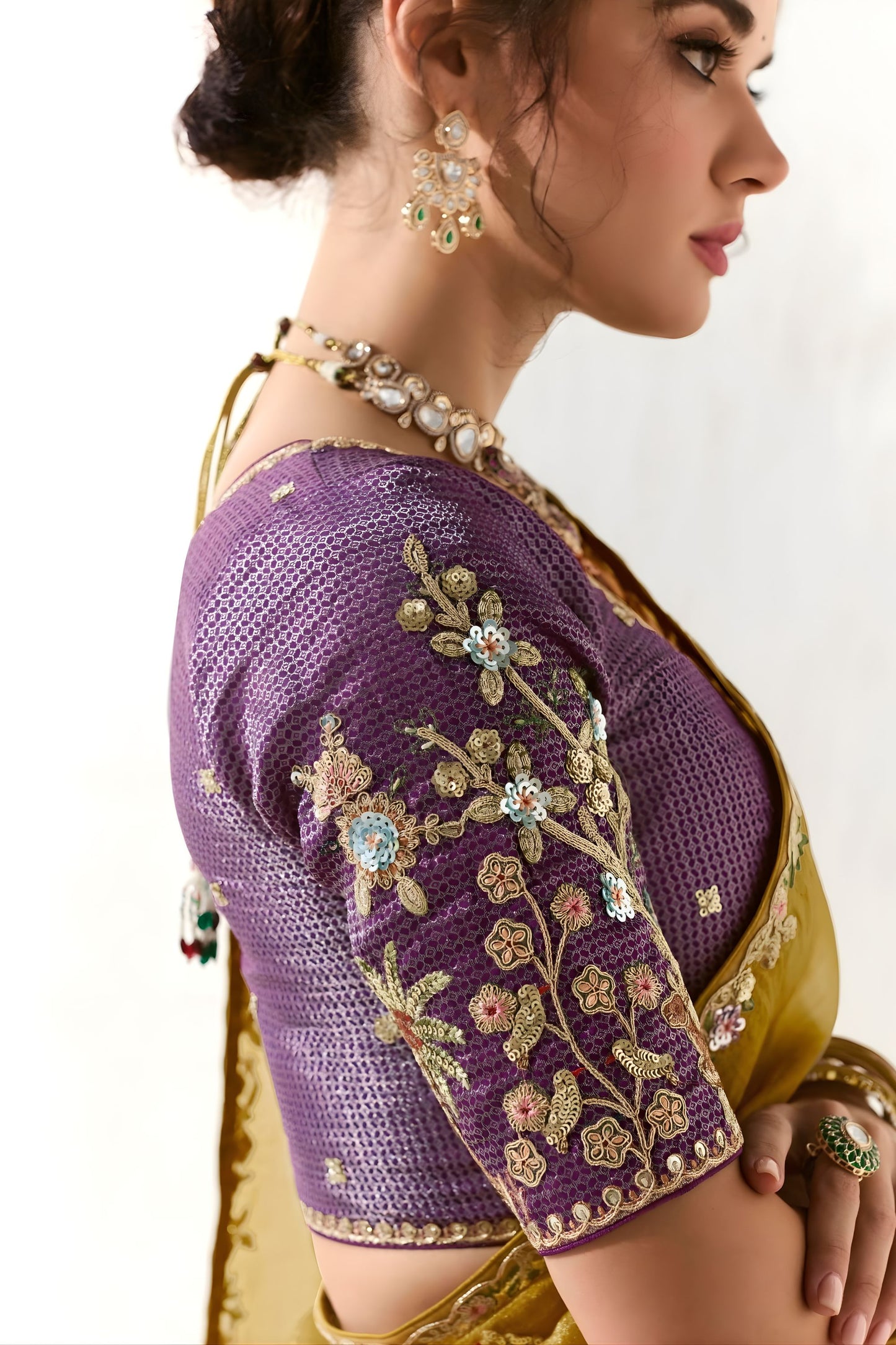 Mustard Gold Organza Saree with Floral Embroidery Designer Blouse