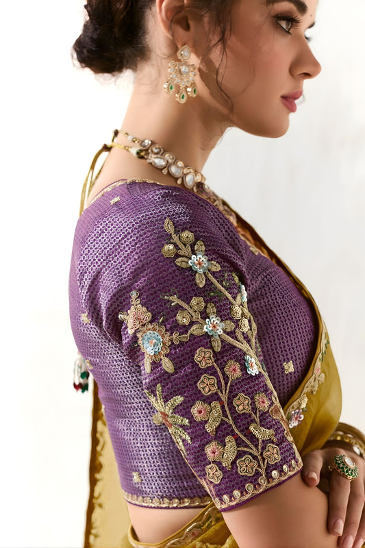 Mustard Gold Organza Saree with Floral Embroidery Designer Blouse