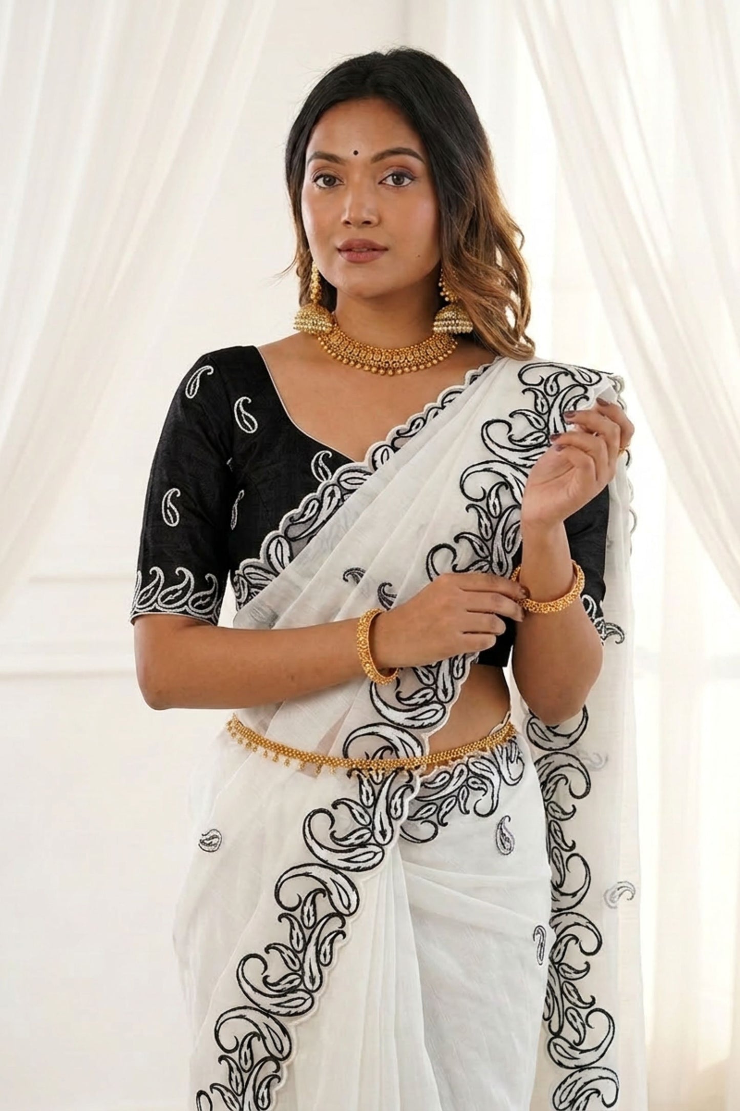 White Organza Saree with Black Embroidered Border