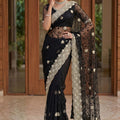  Designer Black Net Saree with Heavy Sequins Embroidery Border 