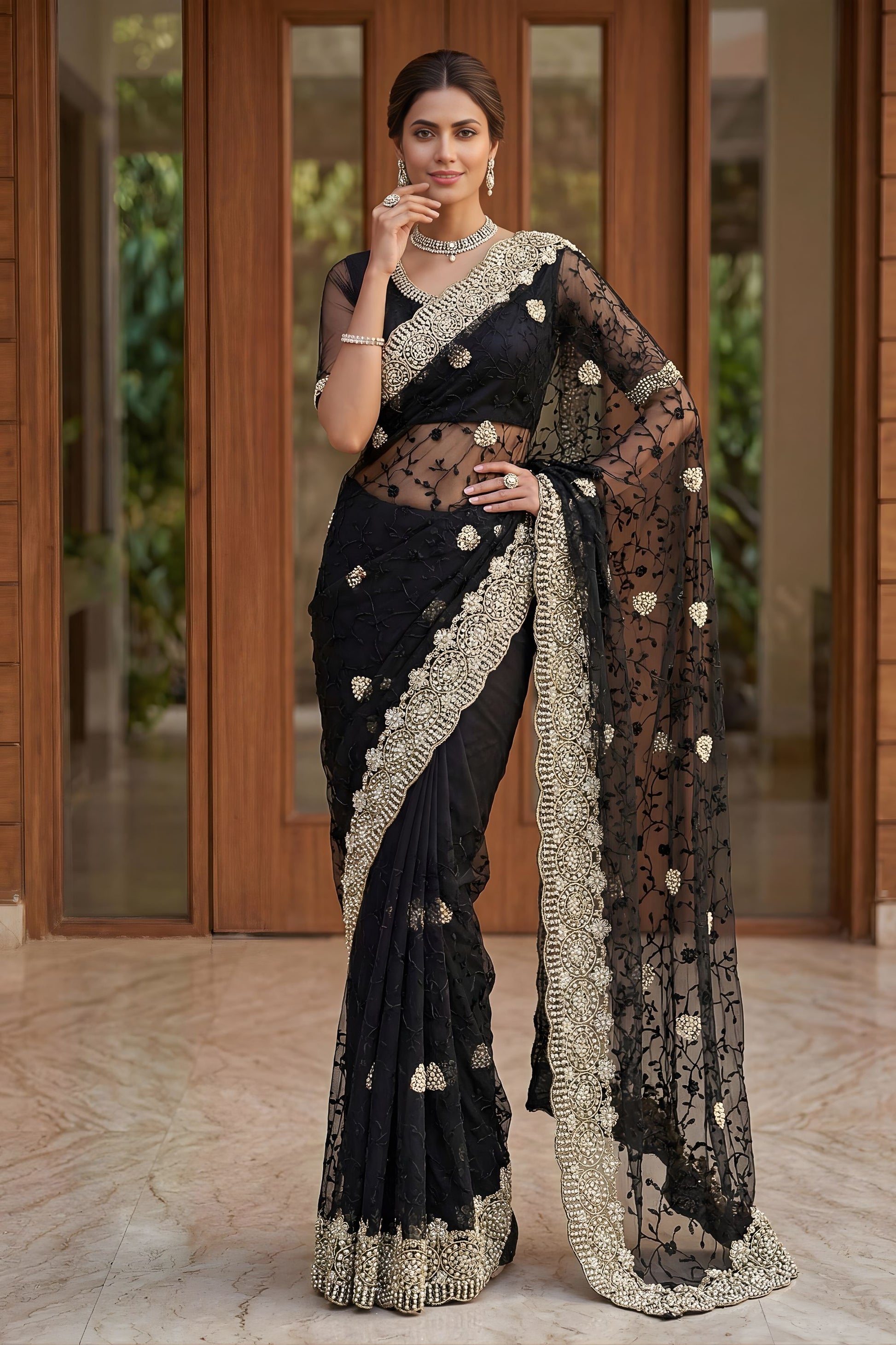  Designer Black Net Saree with Heavy Sequins Embroidery Border 