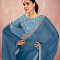 Blue Georgette Saree with Silver Embroidered Border Designer Blouse