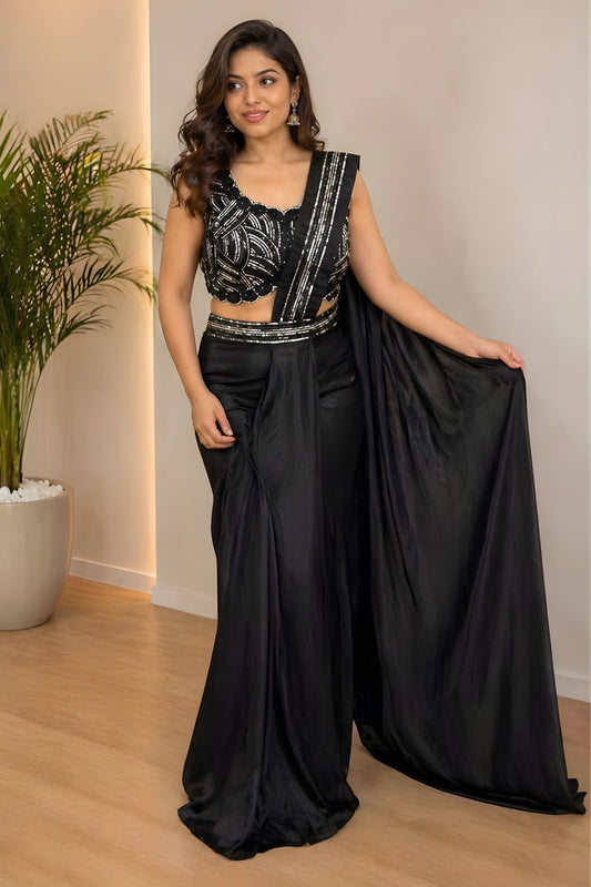 Black Ready to Wear Satin Saree with Heavy Embroidered Blouse
