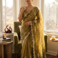 Olive Green Organza Saree Heavy Sequins Embroidery Designer Blouse