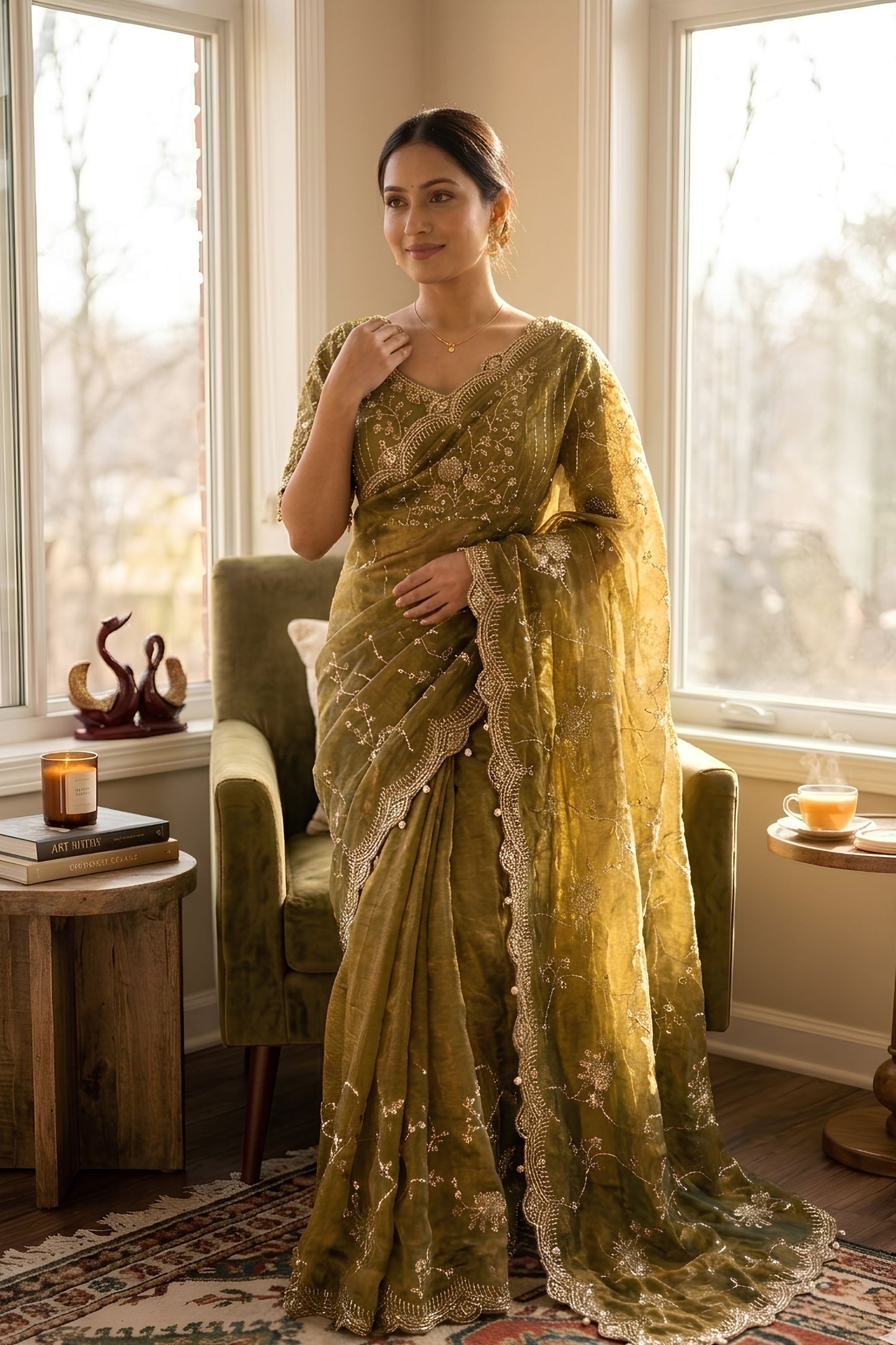 Olive Green Organza Saree Heavy Sequins Embroidery Designer Blouse