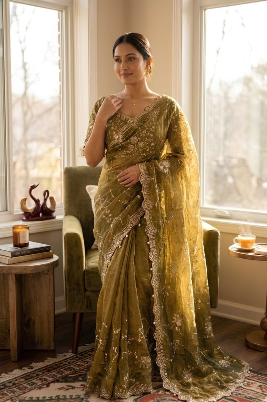 Olive Green Organza Saree Heavy Sequins Embroidery Designer Blouse