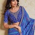 Blue Georgette Saree with Golden Embroidered Border Designer Blouse